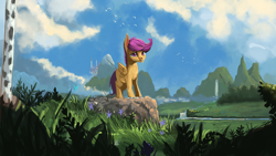 Size: 1920x1080 | Tagged: dead source, safe, artist:hierozaki, character:scootaloo, species:pegasus, species:pony, canterlot, female, mountain, river, scenery, solo, waterfall