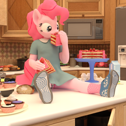 Size: 2000x2000 | Tagged: safe, artist:tahublade7, character:pinkie pie, species:anthro, species:plantigrade anthro, 3d, cake, clothing, cupcake, cute, diapinkes, dress, eating, female, filly, filly pinkie pie, food, high res, kitchen, microwave, milk, panties, shoes, skirt, sneakers, socks, solo, table, underwear, upskirt, younger