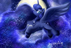 Size: 2039x1377 | Tagged: safe, artist:oofycolorful, character:princess luna, species:alicorn, species:pony, female, flying, moon, night, solo