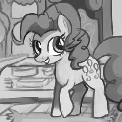 Size: 1024x1024 | Tagged: dead source, safe, artist:dhui, character:pinkie pie, species:earth pony, species:pony, female, mare, monochrome, smiling, solo, sugarcube corner
