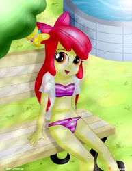 Size: 1500x1942 | Tagged: safe, artist:dieart77, character:apple bloom, my little pony:equestria girls, belly button, bikini, bow, butterfly, clothing, female, fountain, hair bow, looking at you, multiple variants, needs more jpeg, open clothes, open mouth, smiling, solo, swimsuit