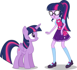 Size: 7500x6850 | Tagged: safe, artist:limedazzle, character:twilight sparkle, character:twilight sparkle (alicorn), character:twilight sparkle (scitwi), species:alicorn, species:eqg human, species:pony, my little pony:equestria girls, absurd resolution, bow tie, clothing, glasses, human ponidox, looking at each other, mary janes, ponidox, pony counterpart, ponytail, raised leg, self ponidox, shoes, simple background, skirt, socks, square crossover, transparent background, twolight, vector