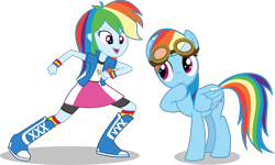 Size: 7500x4488 | Tagged: safe, artist:limedazzle, character:rainbow dash, species:pony, my little pony:equestria girls, absurd resolution, backwards cutie mark, boots, bracelet, clothing, giggling, goggles, human ponidox, jewelry, open mouth, ponidox, pony counterpart, self ponidox, simple background, socks, square crossover, transparent background, vector, wristband