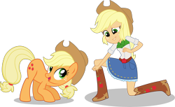 Size: 7500x4597 | Tagged: safe, artist:limedazzle, character:applejack, species:pony, my little pony:equestria girls, absurd resolution, boots, clothing, cowboy boots, cowboy hat, freckles, grin, hat, human ponidox, looking at each other, nervous, nervous grin, ponidox, pony counterpart, self ponidox, simple background, smiling, square crossover, transparent background, vector