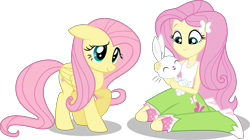 Size: 7500x4191 | Tagged: safe, artist:limedazzle, character:angel bunny, character:fluttershy, species:pony, my little pony:equestria girls, absurd resolution, boots, clothing, cute, high heel boots, human ponidox, ponidox, pony counterpart, raised hoof, self ponidox, shyabetes, simple background, skirt, socks, square crossover, transparent background, vector