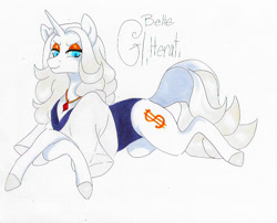 Size: 767x621 | Tagged: safe, artist:frozensoulpony, oc, oc only, oc:belle glitterati, parent:prince blueblood, parent:upper crust, parents:bluecrust, species:pony, species:unicorn, clothing, female, mare, offspring, traditional art
