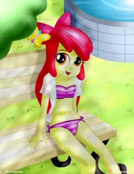 Size: 1500x1942 | Tagged: safe, alternate version, artist:dieart77, character:apple bloom, my little pony:equestria girls, belly button, bikini, bow, butterfly, clothing, cute, female, fountain, hair bow, looking at you, multiple variants, needs more jpeg, open clothes, open mouth, side-tie bikini, smiling, solo, swimsuit