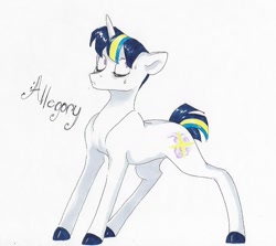 Size: 612x547 | Tagged: safe, artist:frozensoulpony, oc, oc only, oc:allegory, parent:comet tail, parent:twilight sparkle, parents:cometlight, species:pony, species:unicorn, eyes closed, male, offspring, solo, stallion, traditional art