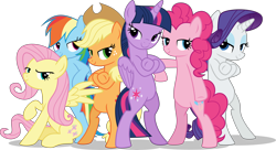 Size: 9000x4892 | Tagged: safe, artist:limedazzle, character:applejack, character:fluttershy, character:pinkie pie, character:rainbow dash, character:rarity, character:twilight sparkle, character:twilight sparkle (alicorn), species:alicorn, species:pony, absurd resolution, bedroom eyes, bipedal, cool, crossed arms, crossed hooves, female, fresh princess and friends' poses, fresh princess of friendship, mane six, mare, pose, simple background, transparent background, vector