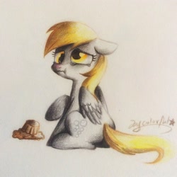 Size: 1936x1936 | Tagged: safe, artist:oofycolorful, character:derpy hooves, species:pegasus, species:pony, crying, female, floppy ears, food, mare, muffin, raised hoof, sitting, solo, traditional art, wavy mouth