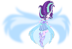 Size: 8500x5811 | Tagged: safe, artist:limedazzle, character:starlight glimmer, my little pony:equestria girls, absurd resolution, alternate universe, artificial wings, augmented, boots, clothing, cute, daydream-ified, dress, female, floating, high heel boots, looking at you, magic, magic wings, raised leg, simple background, solo, sparkling, transparent background, wings