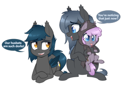 Size: 1250x869 | Tagged: safe, artist:higgly-chan, oc, oc only, oc:angel tears, oc:sirocca, oc:speck, species:bat pony, species:pony, clothing, commission, cute, dialogue, female, filly, hoodie, mare, ocbetes, prone, simple background, sitting, speech bubble, sweater, transparent background, trio