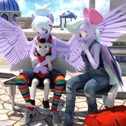 Size: 1500x1500 | Tagged: safe, artist:tahublade7, character:cloudchaser, character:flitter, character:rumble, species:anthro, species:pegasus, species:plantigrade anthro, species:pony, ship:flitterumble, 3d, babysitting, bench, bow, clothing, cloudrumble, cute, daz studio, female, flitterumblechaser, hair bow, hug, lucky bastard, male, mare, overalls, pants, rumble gets both the mares, rumblechaser, shipping, shoes, sneakers, socks, spread wings, straight, striped socks, tank top, tights, wings