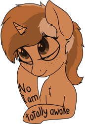 Size: 1485x2160 | Tagged: safe, artist:zippysqrl, oc, oc only, oc:sign, species:pony, species:unicorn, ask sign, blatant lies, body writing, bust, chest fluff, eyes closed, freckles, hoof on cheek, mute, seems legit, simple background, solo, transparent background