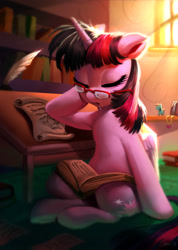 Size: 1278x1796 | Tagged: safe, artist:imalou, character:rainbow dash, character:twilight sparkle, character:twilight sparkle (alicorn), species:alicorn, species:pony, book, chest fluff, commission, cute, drool, eyes closed, female, fluffy, glasses, letter, mare, morning, morning ponies, quill, sitting, sleeping, solo, sunlight, tired, twiabetes, window