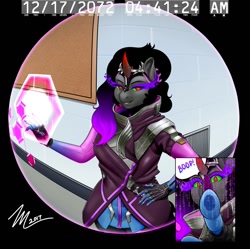 Size: 1280x1277 | Tagged: safe, artist:amaraburrger, character:king sombra, species:anthro, boop, clothing, cosplay, costume, female, namesake, overwatch, queen umbra, rule 63, solo, sombra (overwatch)