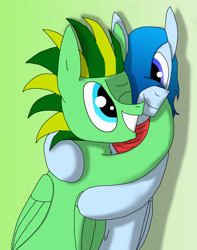 Size: 2010x2549 | Tagged: safe, artist:tacomytaco, oc, oc only, oc:shiver soft, oc:taco.m.tacoson, species:pegasus, species:pony, bandana, belly button, cute, hug, male, one eye closed, wings