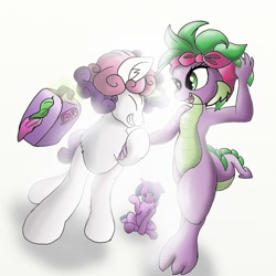 Size: 900x900 | Tagged: safe, artist:manifest harmony, character:barb, character:spike, character:sweetie belle, character:twilight sparkle, oc:dusk shine, species:dragon, fanfic:clocktower society, ship:spikebelle, fanfic, fanfic art, female, male, moving, rule 63, sad, shipping, silver bell, silverbarb, simple background, straight, white background