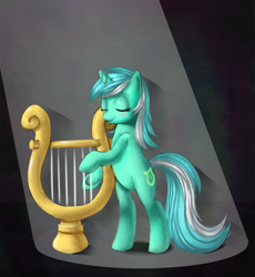 Size: 921x1000 | Tagged: safe, artist:mewball, character:lyra heartstrings, species:pony, species:unicorn, g4, bipedal, eyes closed, female, lyre, mare, music, musical instrument, solo, underhoof