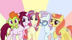 Size: 8000x4500 | Tagged: safe, artist:limedazzle, character:cayenne, character:citrus blush, character:moondancer, character:north point, character:thorax, species:alicorn, species:dragon, species:earth pony, species:pony, species:unicorn, episode:amending fences, g4, my little pony: friendship is magic, absurd resolution, alicornified, alternate universe, dragonified, glasses, moondancercorn, one eye closed, race swap, raised hoof, species swap, wink