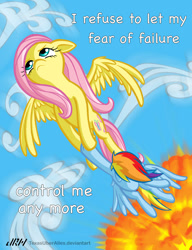Size: 720x937 | Tagged: safe, artist:texasuberalles, character:fluttershy, character:rainbow dash, species:pegasus, species:pony, aviators, badass, duo, explosion, fear of flight, flutterbadass, flying, holding, looking away, lyrics, rescue, song reference, spread wings, text, the font is chalkboard thank you very much, wings