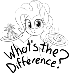 Size: 1382x1471 | Tagged: safe, artist:zippysqrl, derpibooru original, character:pinkie pie, species:earth pony, species:pony, bust, female, food, grayscale, looking at you, mare, monochrome, pineapple, pineapple pizza, pizza, poop, simple background, sketch, solo, take that, white background
