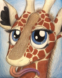 Size: 1080x1352 | Tagged: safe, artist:thefriendlyelephant, oc, oc only, oc:zeka, animal in mlp form, bust, close-up, giraffe, long tongue, osicones, solo, tongue out, traditional art