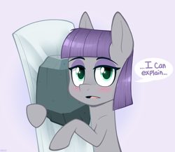 Size: 1150x999 | Tagged: safe, artist:higgly-chan, character:maud pie, species:earth pony, species:pony, awkward moment, blushing, body pillow, caught, cute, dialogue, female, looking at you, mare, maudabetes, rock, solo, speech bubble, that pony sure does love rocks