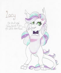 Size: 573x683 | Tagged: safe, artist:frozensoulpony, oc, oc only, oc:lacy, parent:diamond tiara, parent:spike, parents:spiketiara, species:dracony, species:pony, bipedal, hybrid, interspecies offspring, offspring, solo, talking to viewer