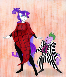 Size: 1100x1280 | Tagged: safe, artist:amaraburrger, artist:cabrony, edit, character:rarity, character:spike, species:anthro, species:dragon, ship:sparity, beetlejuice, breasts, clothing, color edit, colored, cosplay, costume, female, lydia, lydia deetz, male, shipping, straight