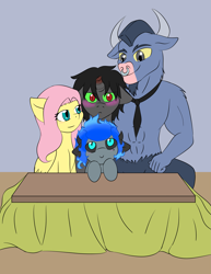 Size: 2359x3059 | Tagged: safe, artist:jolliapplegirl, character:fluttershy, character:iron will, character:king sombra, oc, oc:acheron, parent:lord tirek, parents:canon x oc, species:minotaur, species:pegasus, species:pony, species:unicorn, ship:ironshy, ship:sombrashy, adopted offspring, black sclera, blushing, family, female, fluttershy gets all the stallions, foal, gay, hybrid, interspecies offspring, kotatsu, male, mare, missing horn, next generation, offspring, shipping, sombrawill, sombwillshy, stallion, straight