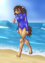 Size: 2838x4000 | Tagged: safe, artist:daf, oc, oc only, oc:latch, species:anthro, species:crab, species:earth pony, species:pony, species:unguligrade anthro, angry, beach, clothing, curly hair, female, leotard, mare, ocean, one-piece swimsuit, seaweed, solo, swimsuit, wet mane, wetsuit