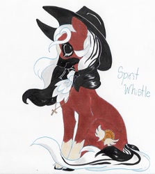 Size: 535x599 | Tagged: safe, artist:frozensoulpony, oc, oc only, oc:spirit whistle, parent:cherry jubilee, species:earth pony, species:pony, clothing, female, hat, mare, offspring, sitting, solo, traditional art
