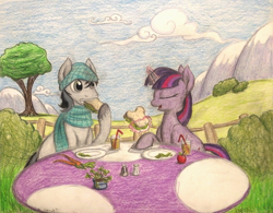 Size: 1366x1068 | Tagged: safe, artist:thefriendlyelephant, character:twilight sparkle, oc, oc:grey, species:earth pony, species:pony, species:unicorn, apple, bush, carrot, clothing, cloud, clover, commission, drink, female, fence, food, glass, lettuce, lunch, magic aura, male, mare, mountain, pepper, plate, potted plant, salt, salt and pepper shakers, sandwich, scarf, stallion, straw, table, traditional art, tree