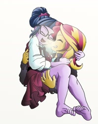 Size: 2202x2778 | Tagged: safe, artist:manifest harmony, character:sunset shimmer, character:twilight sparkle, character:twilight sparkle (scitwi), species:eqg human, fanfic:clocktower society, ship:scitwishimmer, ship:sunsetsparkle, my little pony:equestria girls, barefoot, bridal carry, carrying, clothing, crystal prep academy uniform, cute, explicit source, fanfic art, feet, female, happy, hug, lesbian, romance, romantic, school uniform, shimmerbetes, shipping, twiabetes