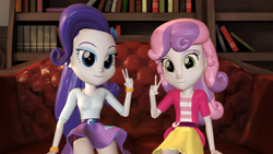 Size: 1920x1080 | Tagged: safe, artist:razethebeast, character:rarity, character:sweetie belle, my little pony:equestria girls, 3d, book, bookshelf, boyshorts, clothing, couch, cute, duo, looking at you, panties, peace sign, purple underwear, shirt, sisters, skirt, skirt lift, smiling, source filmmaker, underwear, upskirt