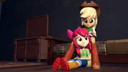 Size: 1920x1080 | Tagged: safe, artist:razethebeast, character:apple bloom, character:applejack, my little pony:equestria girls, 3d, bed, bedroom, boots, bow, clothing, cowboy boots, cowboy hat, cute, denim, denim skirt, duo, freckles, hair bow, hat, shorts, sisters, sitting, skirt, smiling, source filmmaker, stetson, upskirt