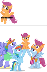 Size: 904x1384 | Tagged: safe, artist:deadparrot22, artist:limedazzle, artist:nouseyourname, character:bow hothoof, character:rainbow dash, character:scootaloo, character:windy whistles, species:pegasus, species:pony, ship:windyhoof, episode:parental glideance, episode:sleepless in ponyville, g4, my little pony: friendship is magic, clothing, cute, family, female, filly, male, mare, multicolored hair, old el paso, rainbow dash's parents, reaction image, scootalove, shrug, simple background, smiling, stallion, unshorn fetlocks, vector, white background, why not both