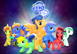 Size: 1600x1131 | Tagged: safe, artist:jucamovi1992, character:flash sentry, oc, oc:speed wave, species:earth pony, species:pegasus, species:pony, species:unicorn, colt, group, male, stallion, vector, wheelchair