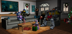 Size: 3846x1824 | Tagged: safe, artist:tahublade7, character:sweetie belle, species:anthro, 3d, armor, chief and belle, christmas, christmas lights, christmas presents, christmas stocking, christmas tree, crossover, data, halo (series), holiday, krystal, master chief, space marine, star fox adventures, star fox: assault, star trek, tree, warhammer (game), warhammer 40k