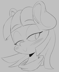 Size: 925x1133 | Tagged: safe, artist:purple-yoshi-draws, character:maud pie, species:pony, female, monochrome, simple background, smiling, solo, when she smiles