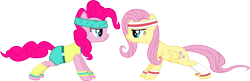 Size: 6224x2023 | Tagged: safe, artist:ironm17, character:fluttershy, character:pinkie pie, species:pony, absurd resolution, clothing, headband, leg warmers, push-ups, shorts, simple background, sweatband, tank top, transparent background, vector, workout, workout outfit