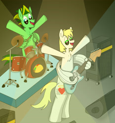 Size: 3768x4044 | Tagged: safe, artist:tacomytaco, oc, oc only, oc:taco.m.tacoson, species:pegasus, species:pony, absurd resolution, band, bipedal, chest fluff, drum kit, drums, guitar, male, musical instrument, performance, speaker, stallion, wing hands, wings