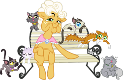 Size: 941x612 | Tagged: safe, artist:punzil504, character:goldie delicious, species:earth pony, species:pony, episode:every little thing she does, g4, my little pony: friendship is magic, animal, bell, bell collar, bench, cat, collar, crazy cat lady, female, goldie delicious' cats, licking, mare, siamese cat, simple background, too many cats, transparent background
