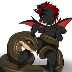 Size: 1000x1000 | Tagged: safe, artist:kennzeichen, oc, oc only, oc:pestilence, species:changeling, commission, gradient background, pet, pet oc, red changeling, restrained, snake, wrapped up, ych result