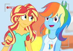 Size: 2143x1506 | Tagged: safe, artist:berrypunchrules, character:rainbow dash, character:sunset shimmer, ship:sunsetdash, my little pony:equestria girls, camcorder, clothing, female, lesbian, open mouth, recording, shipping, smiling