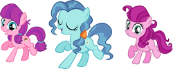 Size: 6309x2526 | Tagged: safe, artist:ironm17, character:lily longsocks, character:petunia paleo, character:strawberry parchment, species:earth pony, species:pony, g4, absurd resolution, bow, dancing, eyes closed, female, grin, group, hair bow, mare, simple background, singing, smiling, transparent background, trio, vector