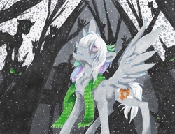 Size: 815x625 | Tagged: safe, artist:frozensoulpony, oc, oc only, oc:sundance tinker, parent:rainbow dash, parent:thunderlane, parents:thunderdash, species:changeling, species:pegasus, species:pony, clothing, female, mare, offspring, scarf, snow, solo, spread wings, traditional art, tree, wings