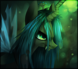 Size: 1600x1413 | Tagged: safe, artist:imalou, character:queen chrysalis, species:changeling, g4, changeling queen, fangs, female, frown, limited palette, smiling, solo, spread wings, wings