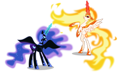 Size: 6000x3798 | Tagged: safe, artist:orin331, character:daybreaker, character:nightmare moon, character:princess celestia, character:princess luna, species:alicorn, species:pony, episode:a royal problem, g4, my little pony: friendship is magic, absurd resolution, confrontation, duo, ethereal mane, female, galaxy mane, gritted teeth, mane of fire, mare, rearing, simple background, spread wings, transparent background, vector, wings